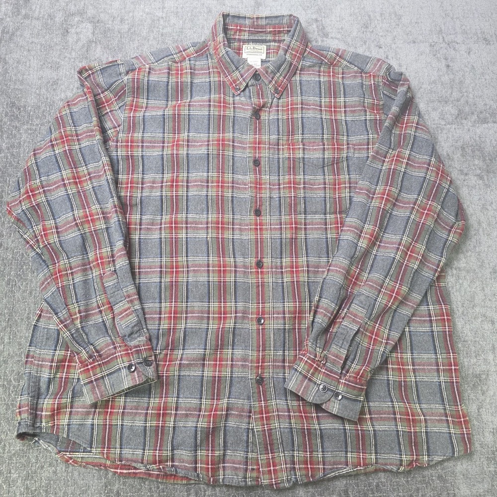 L.L. Bean Plaid Flannel Shirt Mens XL Gray Red Traditional Fit 100% Cotton